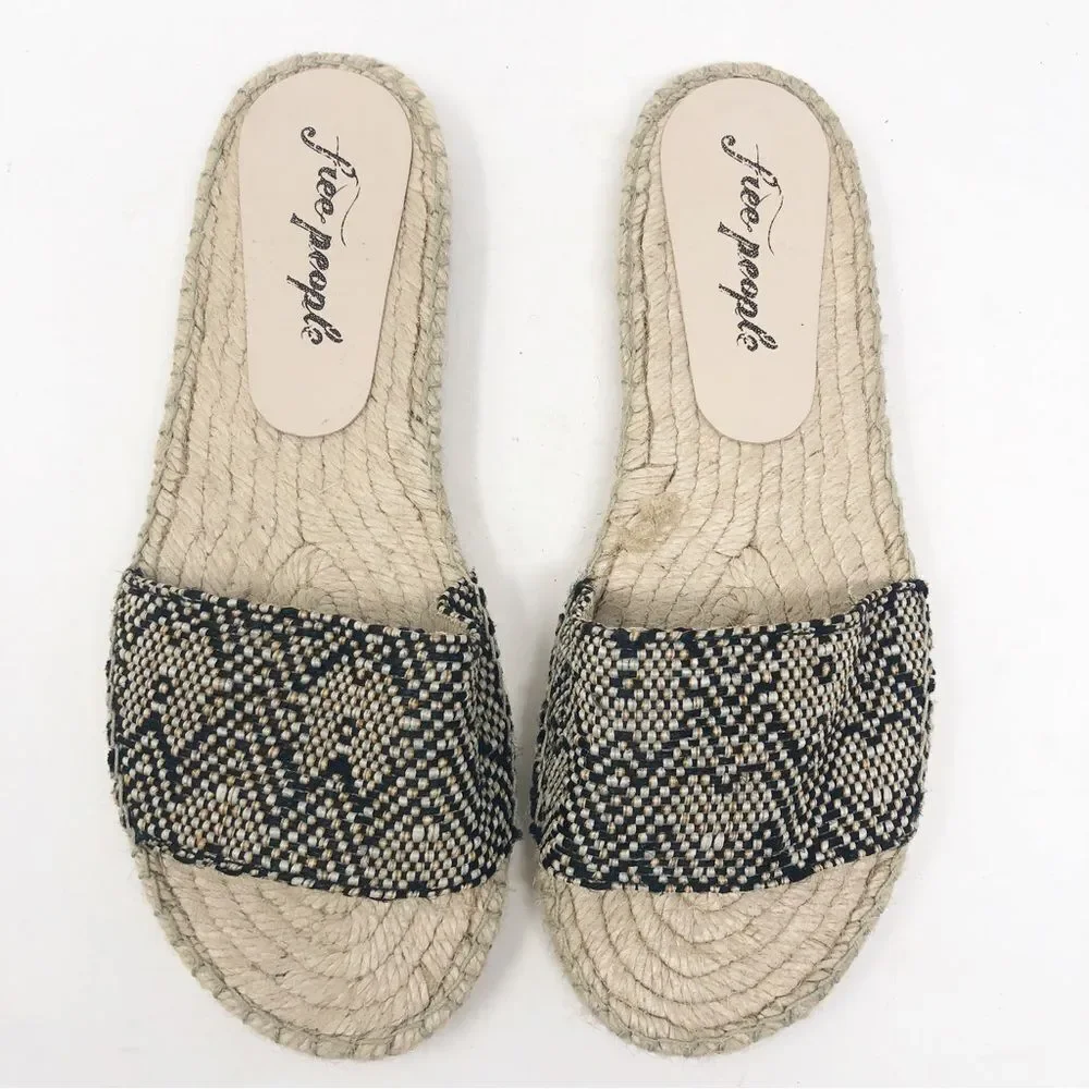 FREE PEOPLE | Beach Front Espadrille Woven Slides Black & Beige NEW Women’s 7